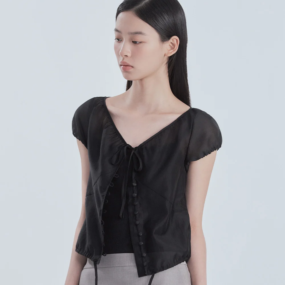 Sheer Ribbon Tie Shirring Blouse - Black