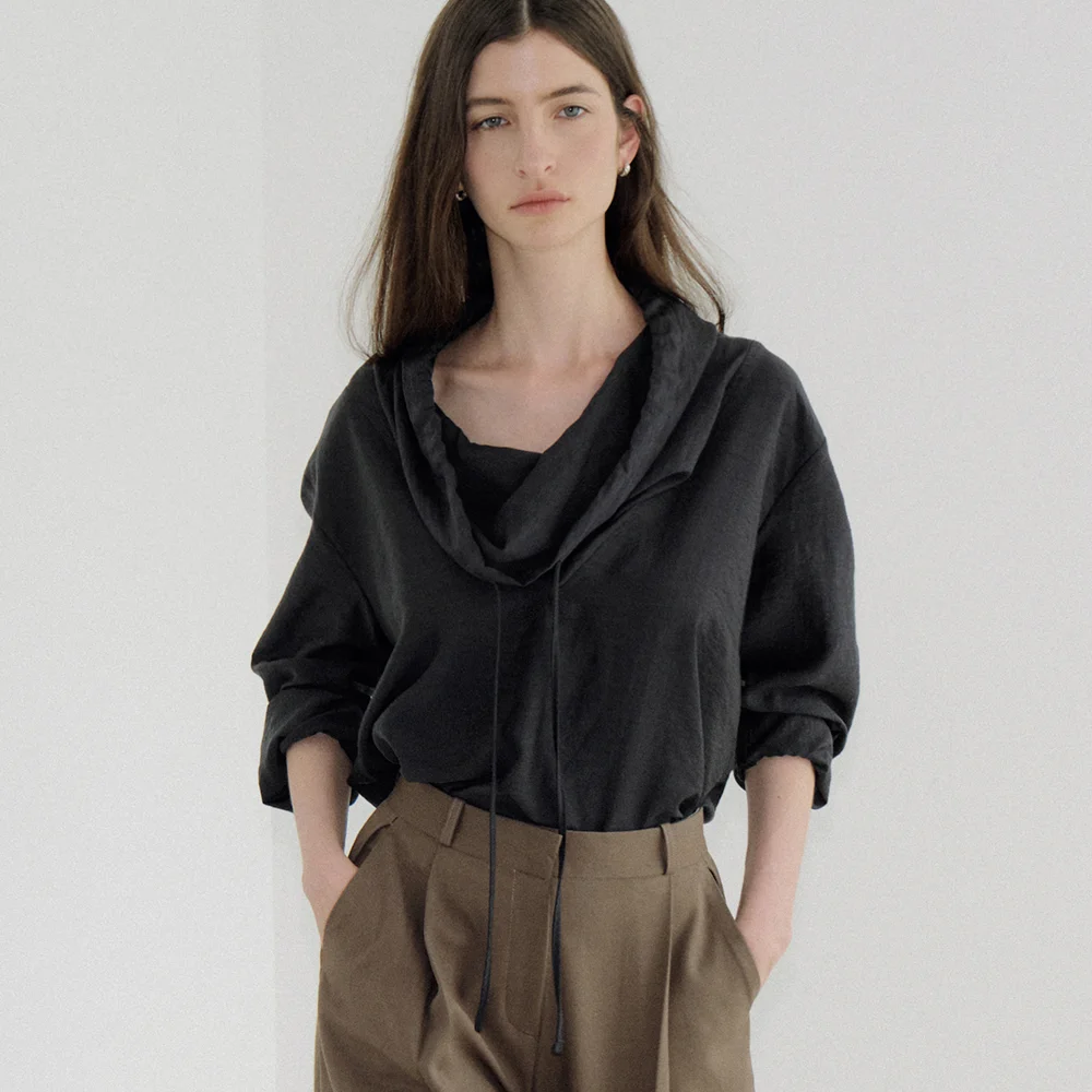 draped cowl hood blouse (midnight) orc 6115
