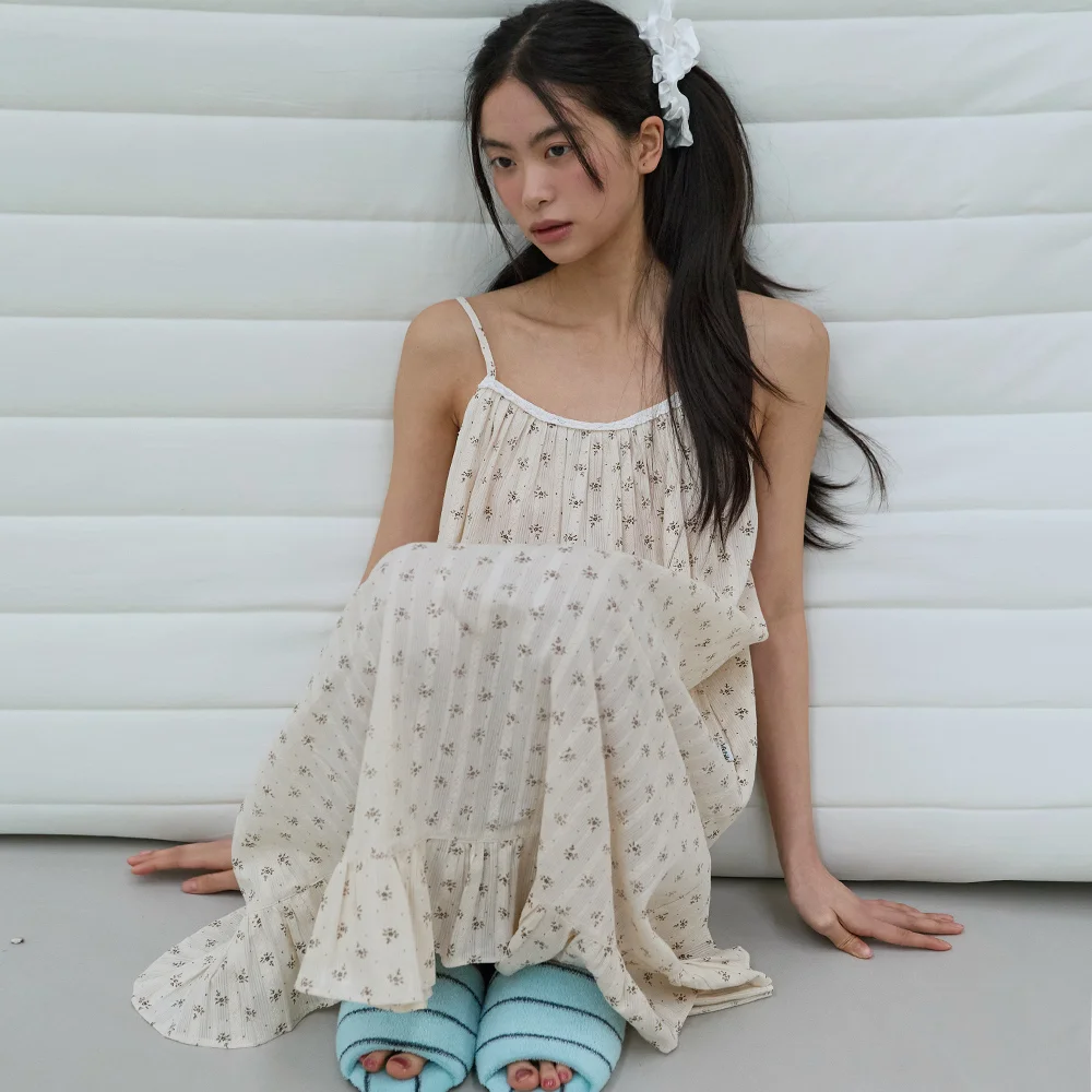 Jacquard Sleeveless Pajama Dress Brown flower
