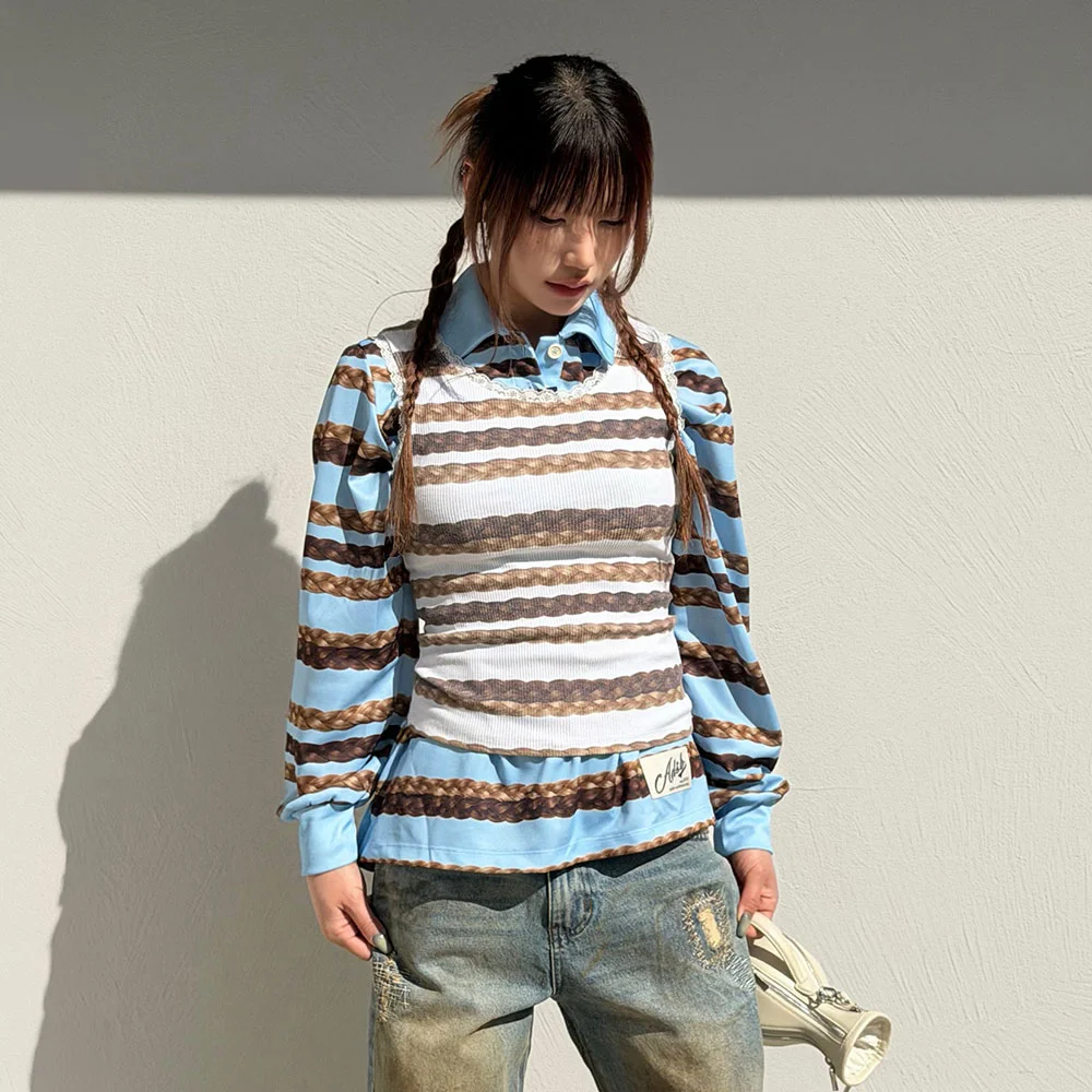HAIR BRAID STRIPE COLLAR T-SHIRT atb1264w(BLUE)
