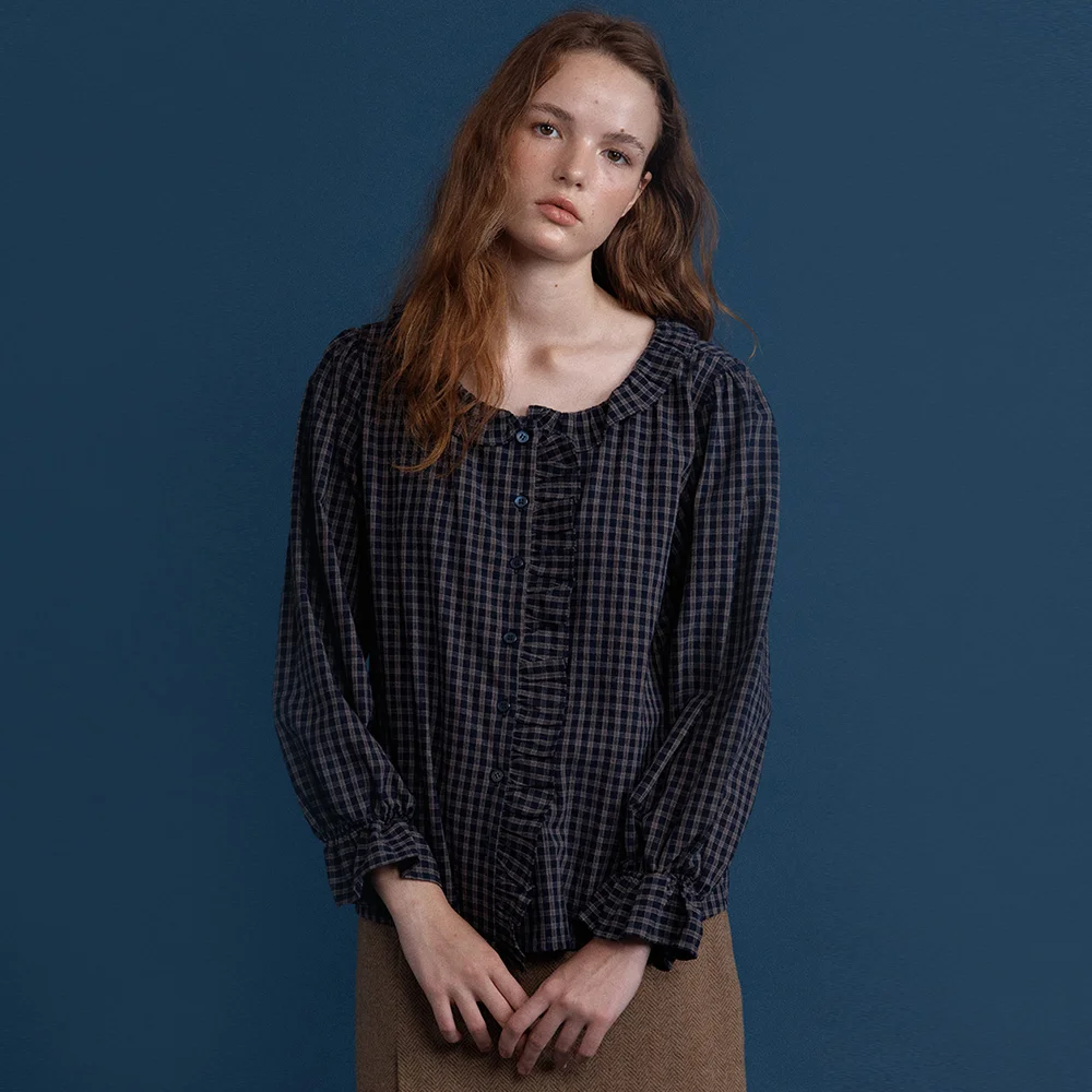 Leon Frill Check Blouse - Navy