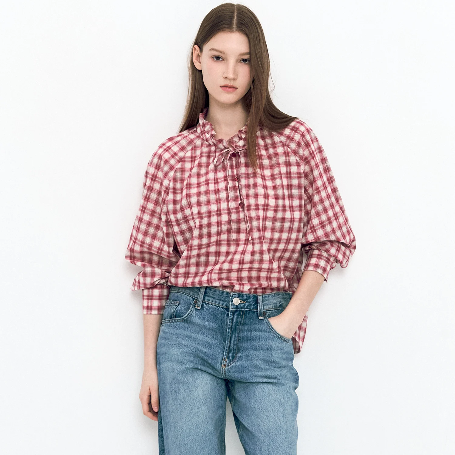 Check Frilled Mock-neck Blouse RED