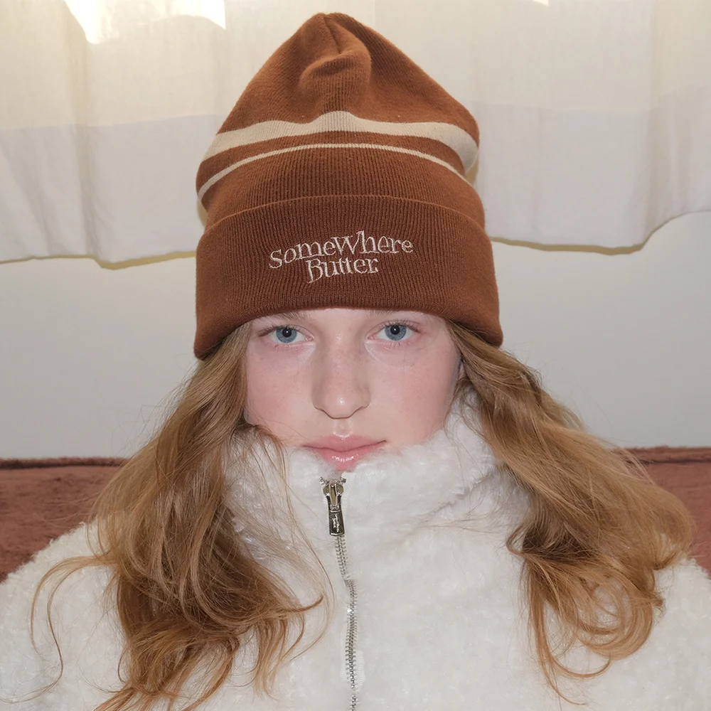 Cashmere Wave Logo Stripe Beanie - Brown