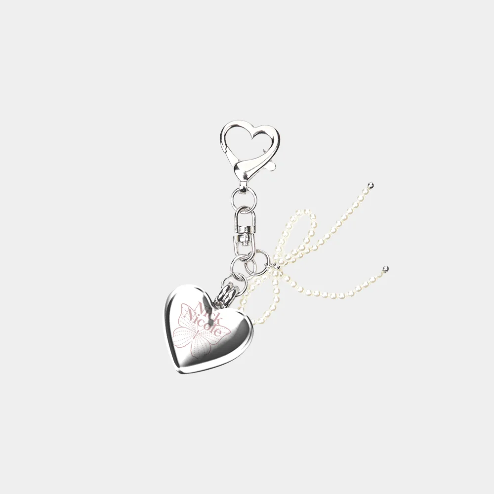HEART SIGNATURE BUTTERFLY PEARL RIBBON KEYRING_SILVER