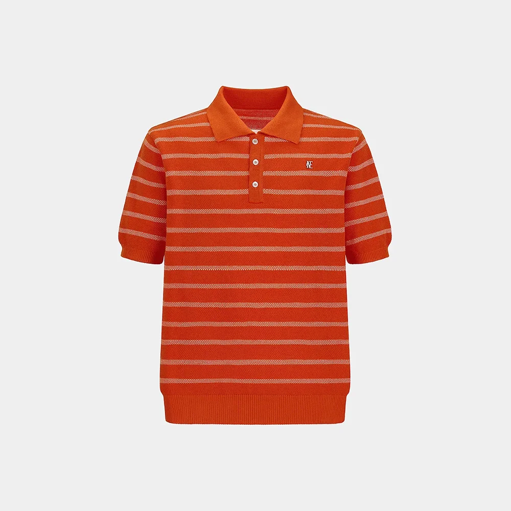 COTTON STRIPED KNIT POLO SHIRT - ORANGE