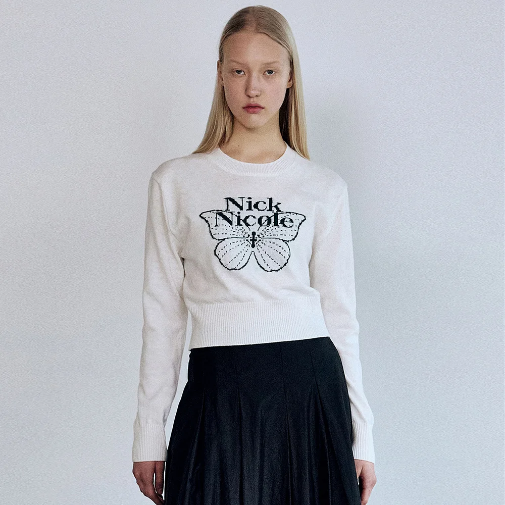 CASHMERE BUTTERFLY SIGNATURE CROP KNIT_IVORY BLACK