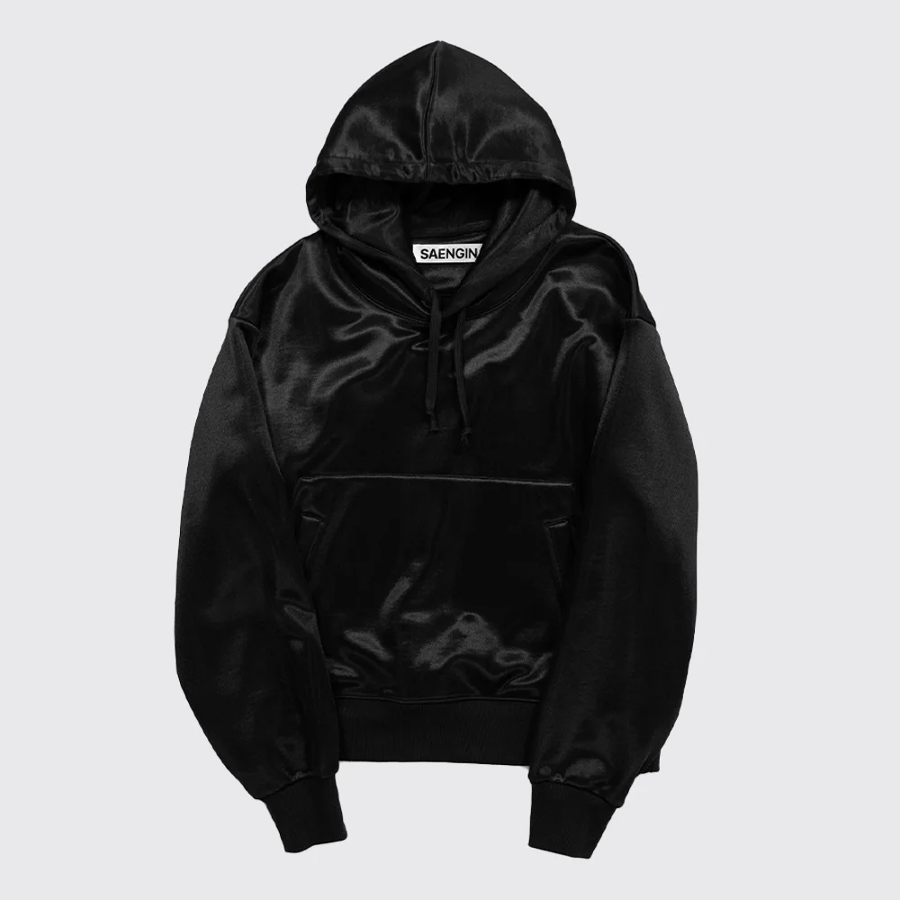 GLOSSY SATIN HOODIE - BLACK