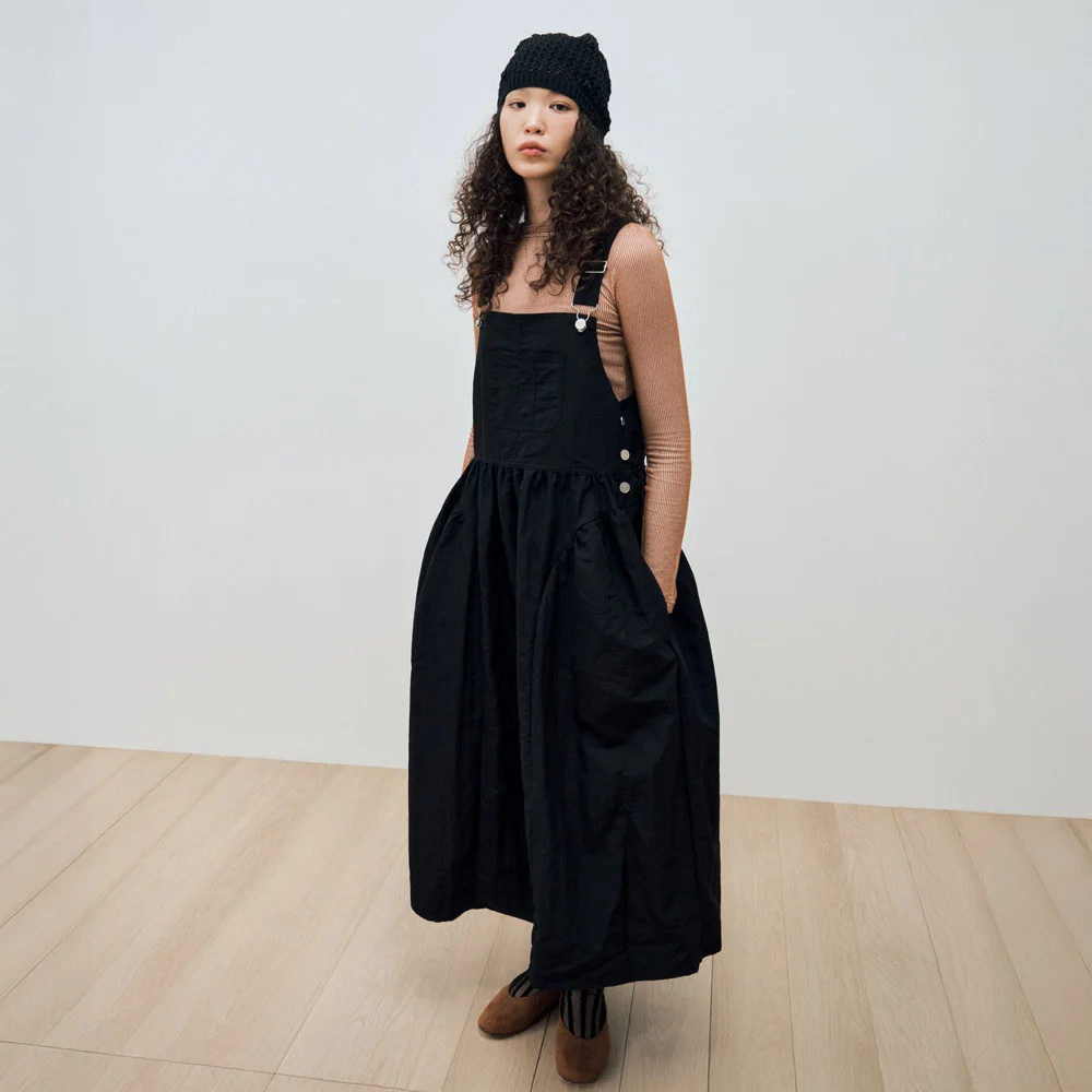 SIDE PUFF NYLON OVERALL DRESS / BLACK