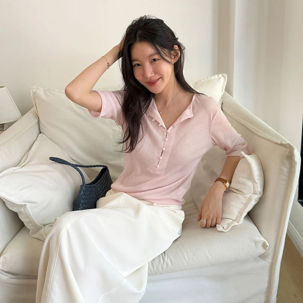 Button point sheer top - Light Pink