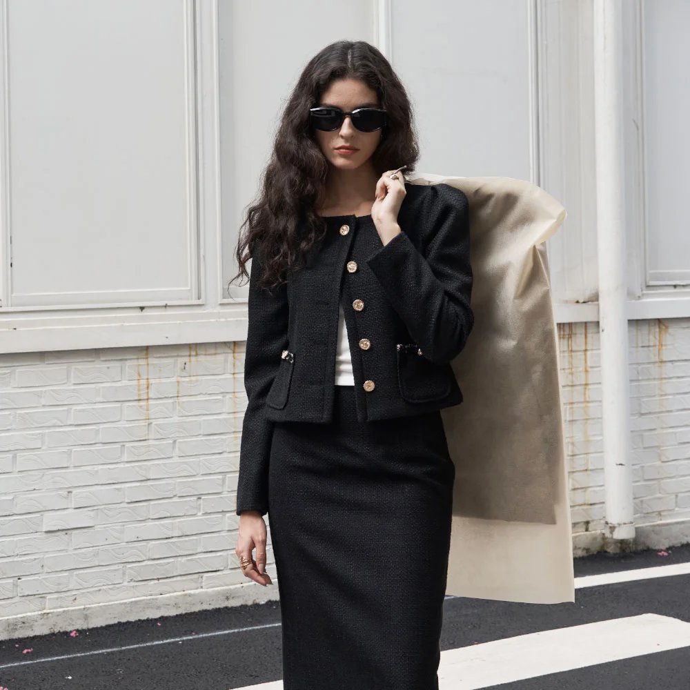 Tweed Puff Sleeve Jacket Black