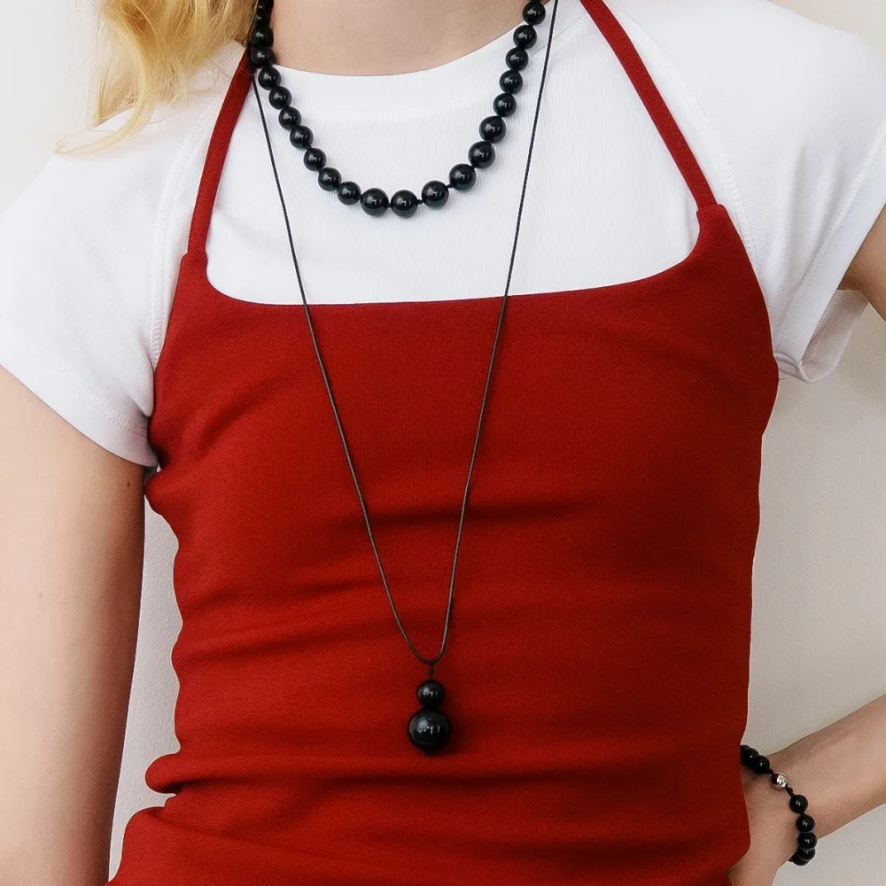 Two Ball Onyx Long Strap Necklace (L261MNK180)