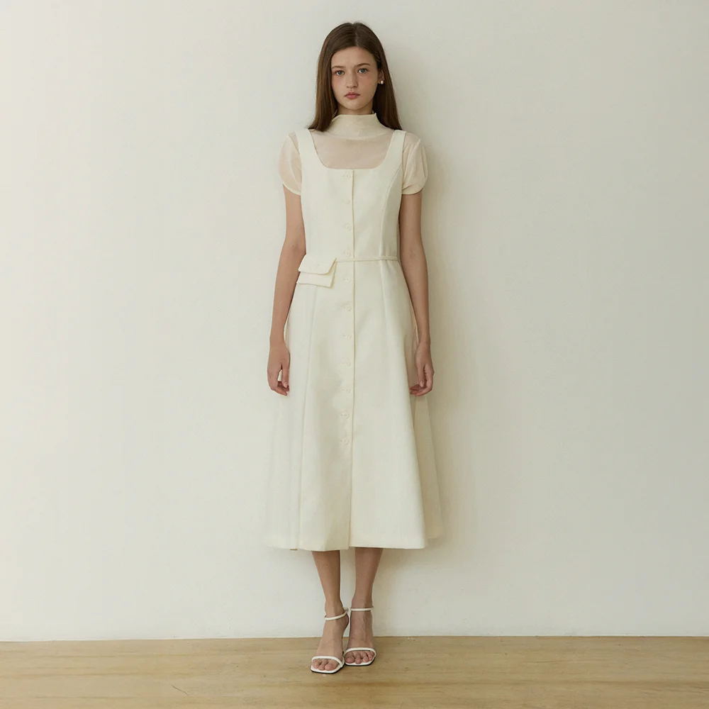 Solid tweed line belt back set long dress - ivory