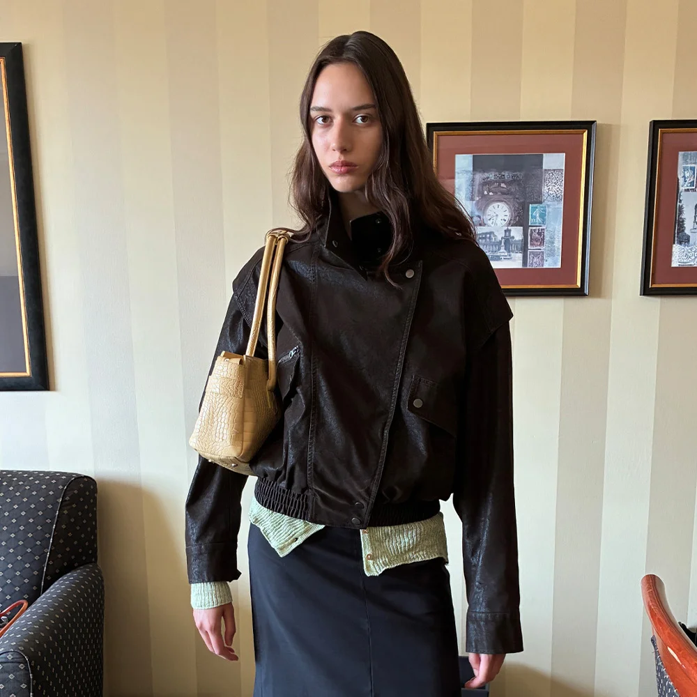 FAUX BOMBER LEATHER JACKET IN BROWN