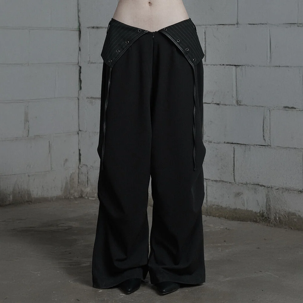 Panel Line Shirring Wide Slacks (Black)