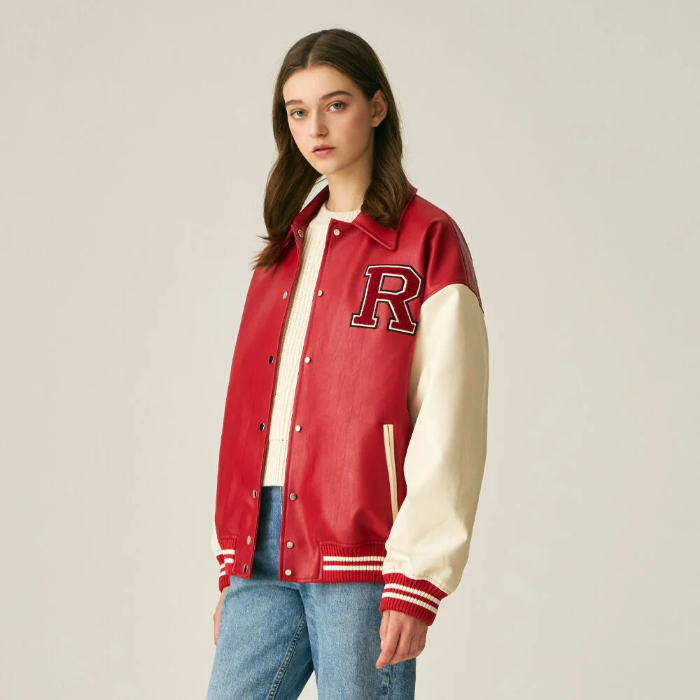 (UNISEX)9111 VARSITY LEATHER JACKET_RED