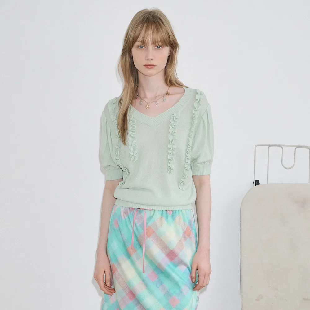 Puff Ruffle Knit Pullover (Mint)