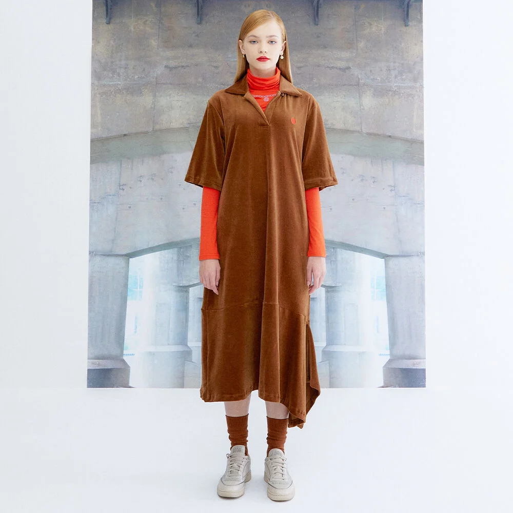 UNBALANCE VELOUR DRESS_BROWN