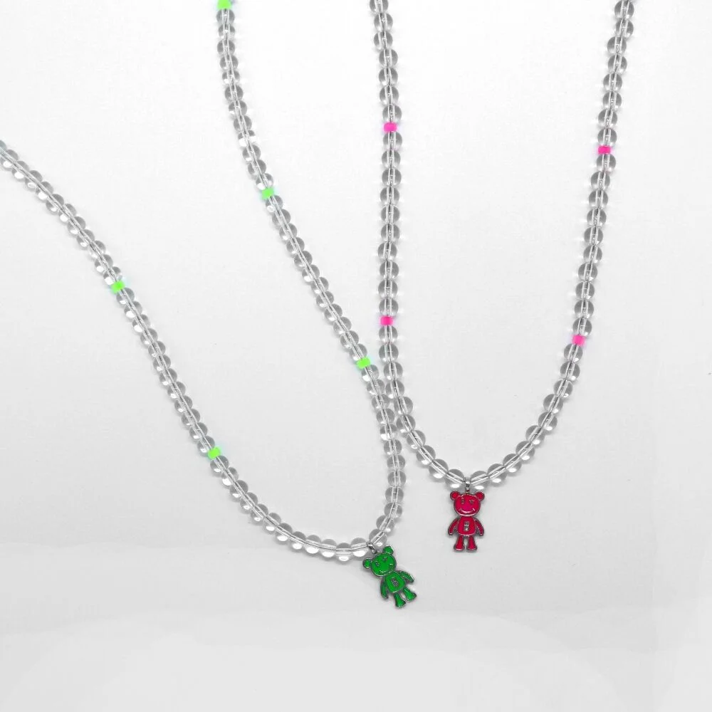 Enamel neon color bear point Necklace 泰迪熊 霓虹色 吊飾 透明球 頸鏈