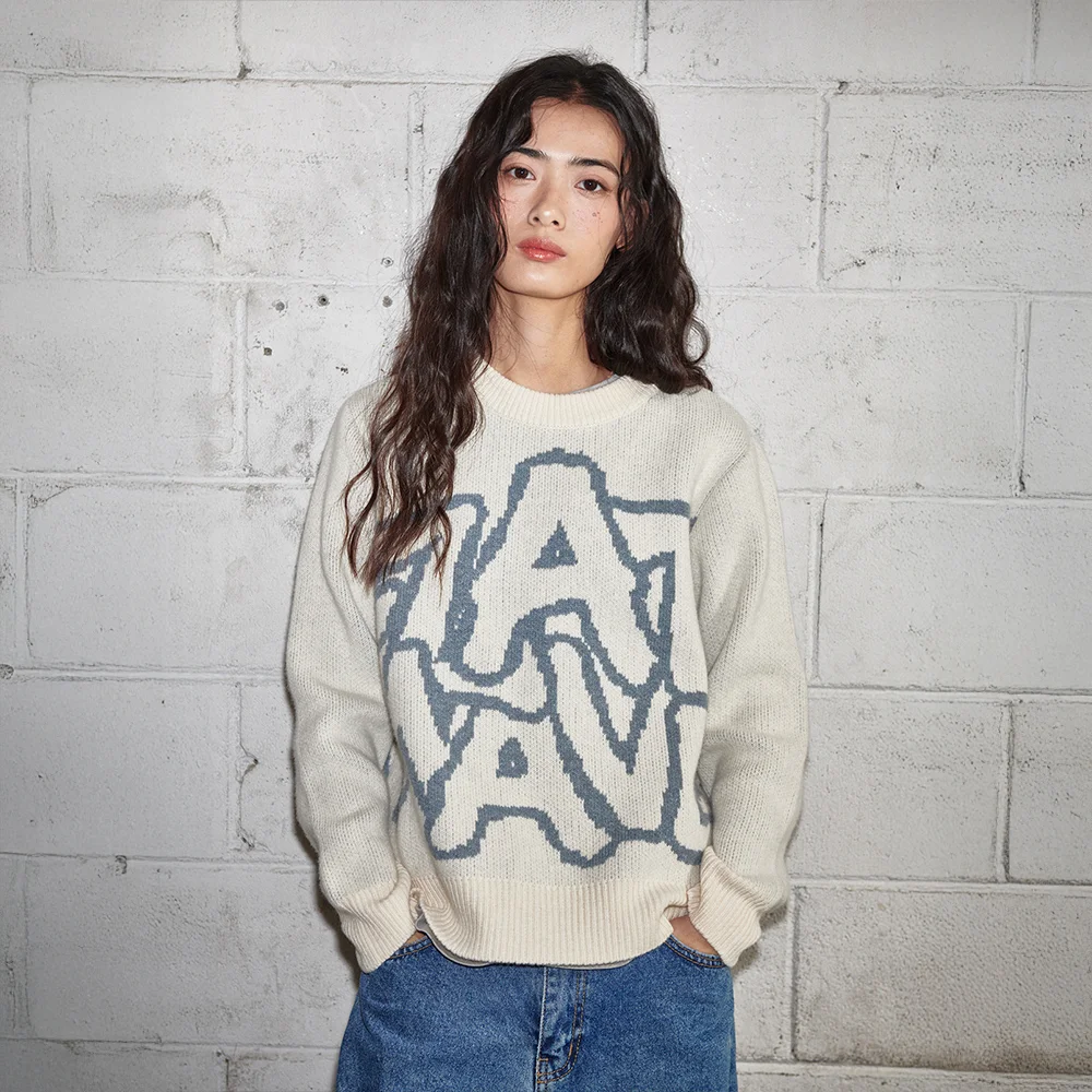Ryef Wool Lettering Round Knit Oat Beige