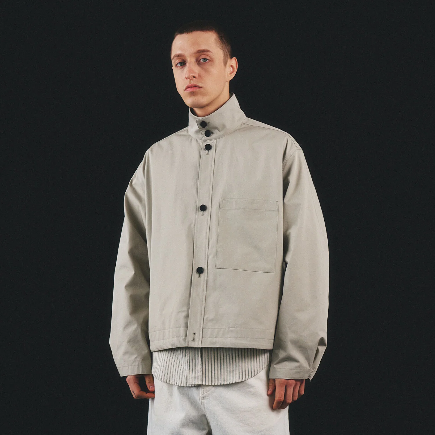 One Pocket Stand Collar Shirt_ Grey