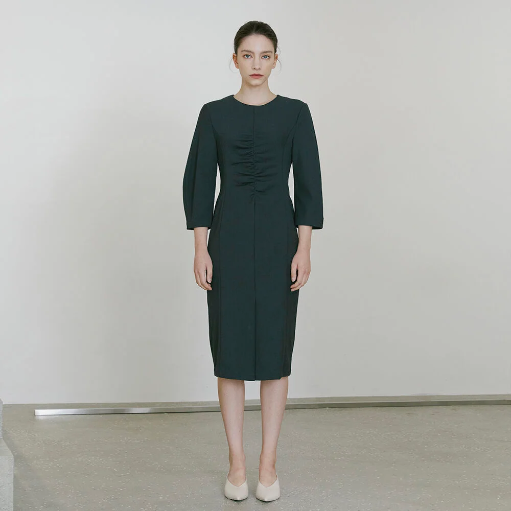 Round Sleeve Shirring Dress - Black