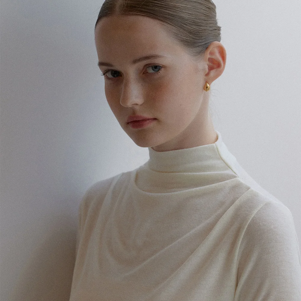 Half Neck Sleeve Cowl T-Shirt_Ivory, Charcoal, Black