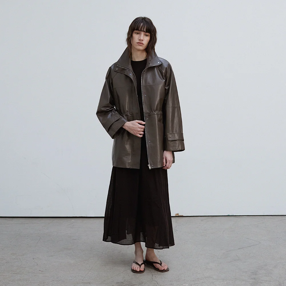 High-Neck Drawstring Half Jacket_Taupe Grey