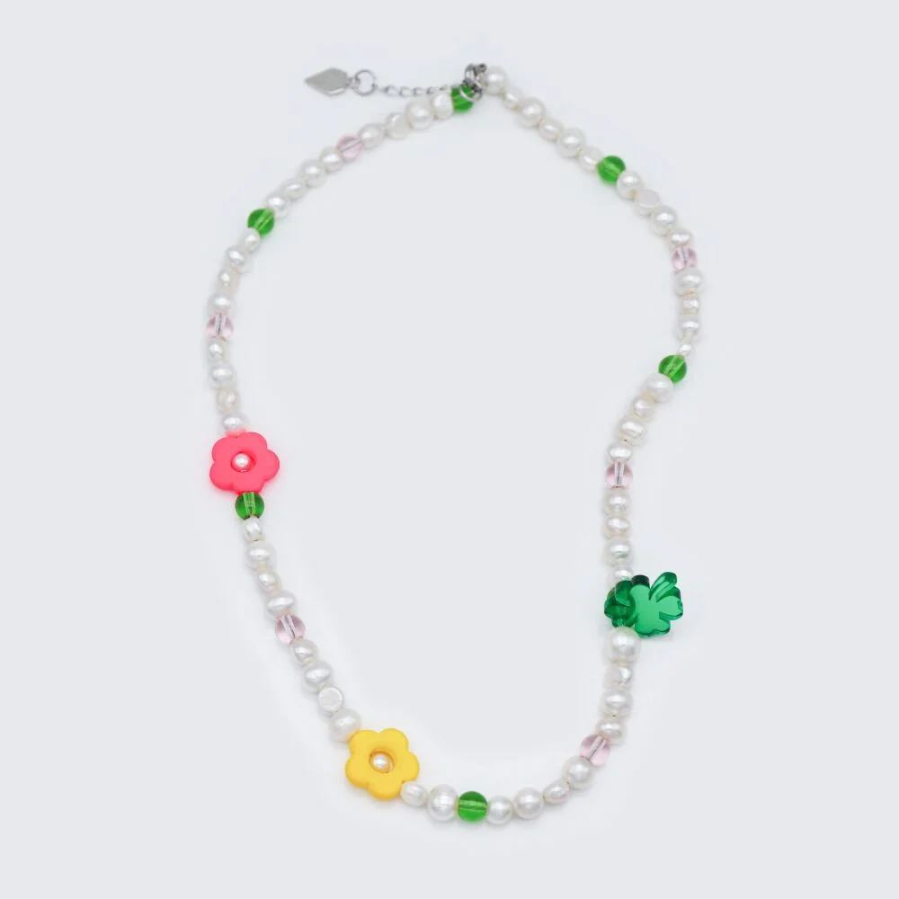 Water pearl flower clover Necklace 淡水 珍珠 花卉 三葉草 吊飾 點綴 頸鏈