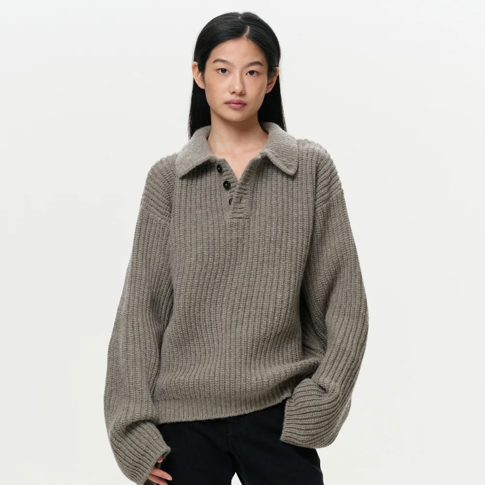 UNISEX ERA HEAVY GAUGE COLLAR KNIT - MUSHROOM