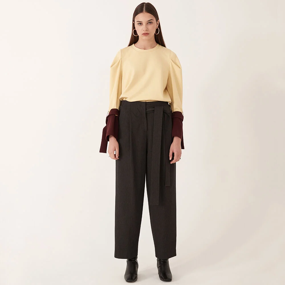 Tuck Detail Long Pants_Melange Grey