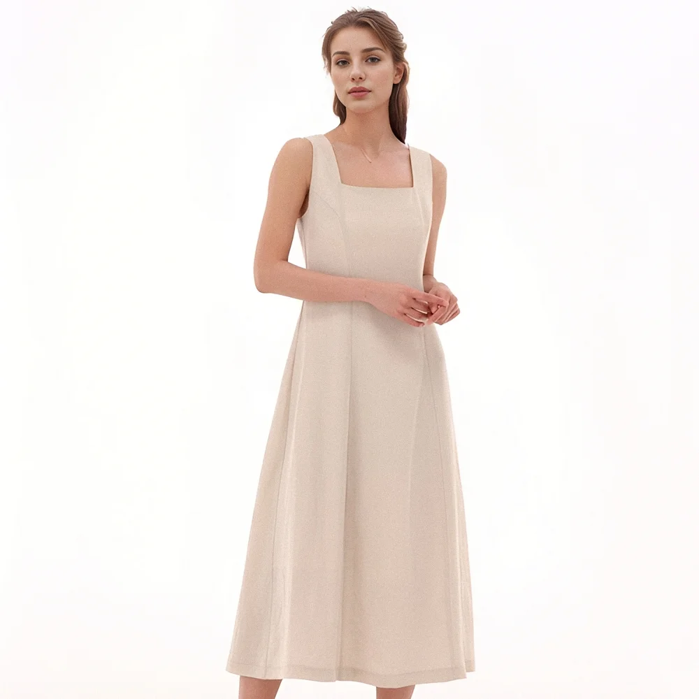 Square neck Sleeveless Dress _Beige