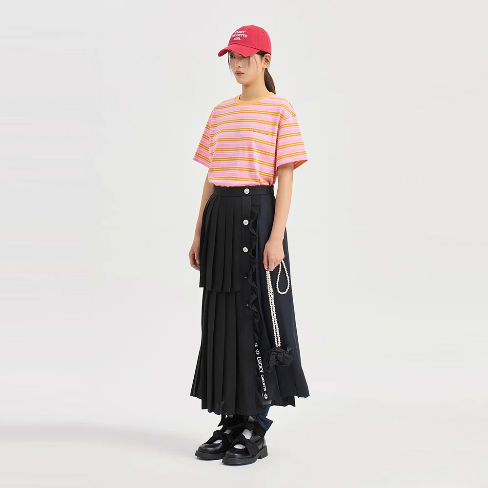 Color Mix Pleated Long Skirt (black) LFKAX26410BKX