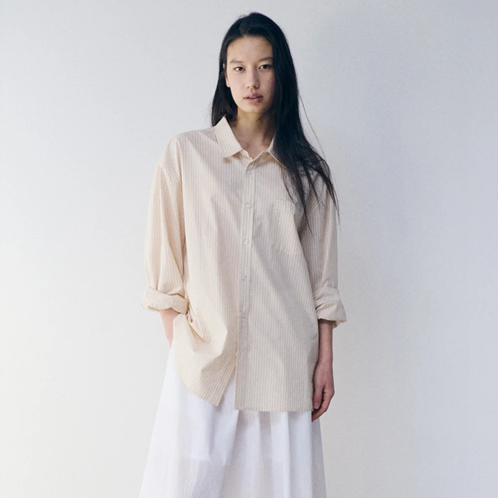 有機 純棉 條紋 襯衫 Beige Brown
