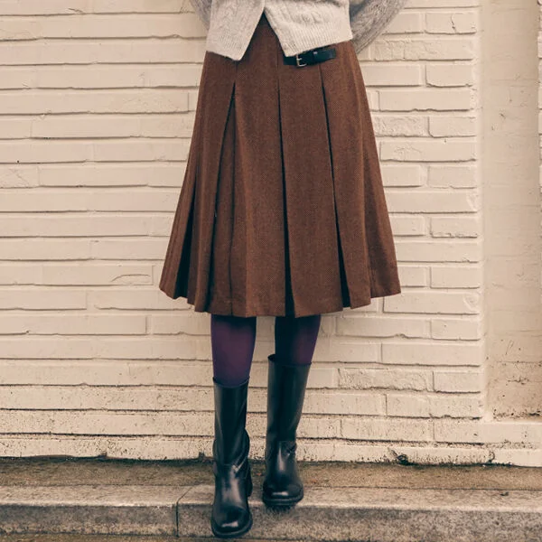WOOL BLENDED PLEATS SKIRT BROWN