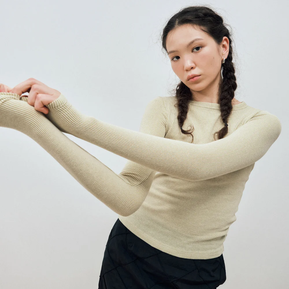 TWO-TONE RIBBED LONG SLEEVES TEE / MELON