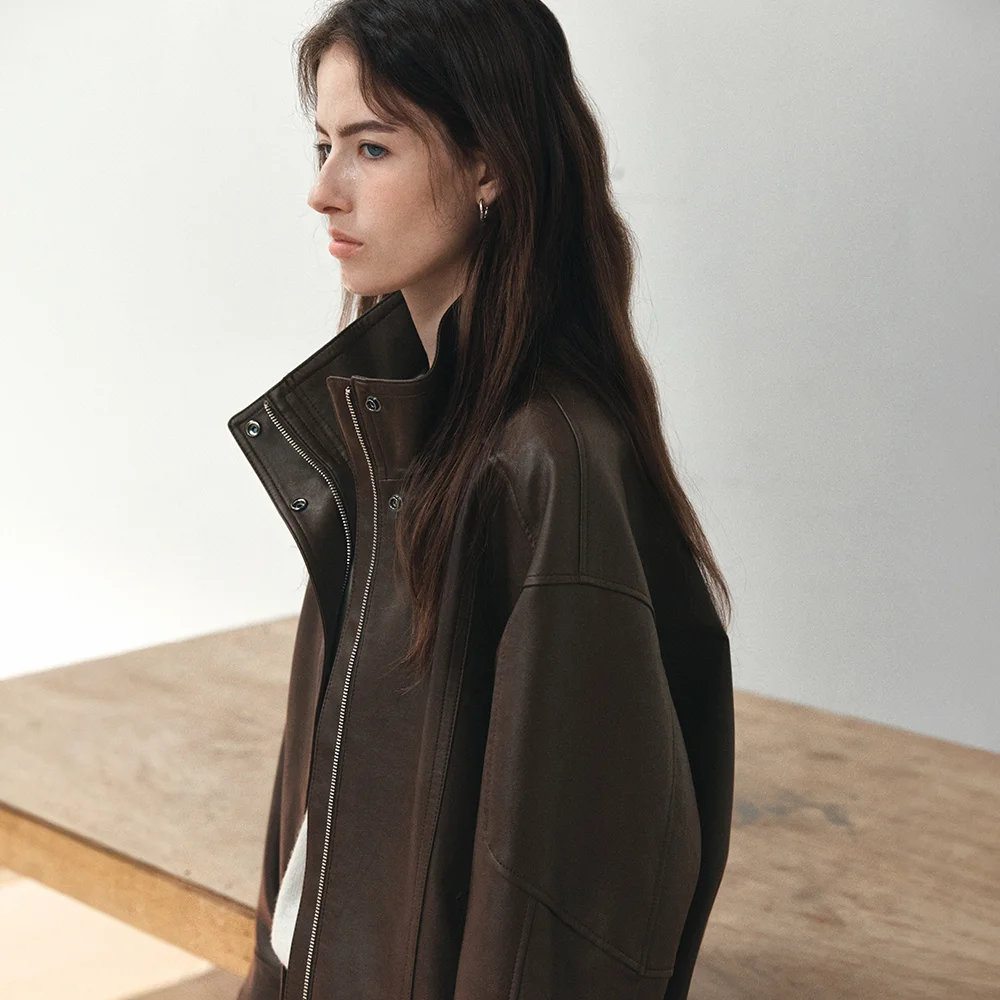 High-neck oversized leather jumper _Brown