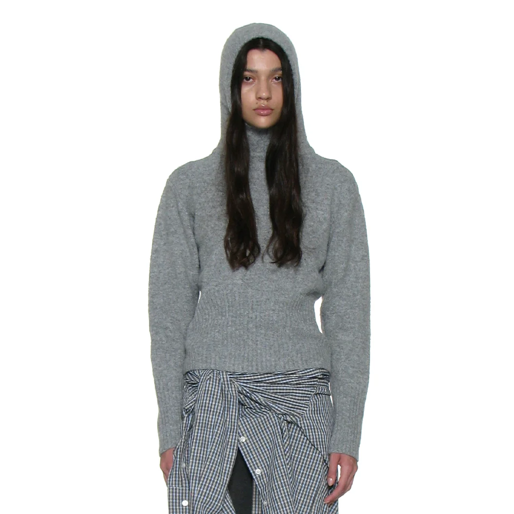 CUT-OUT WARMER KNIT HOODIE_MELANGE