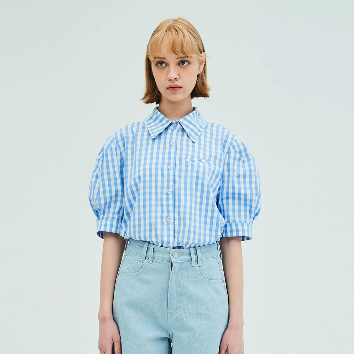 Puff Short Sleeve Check Blouse_Blue