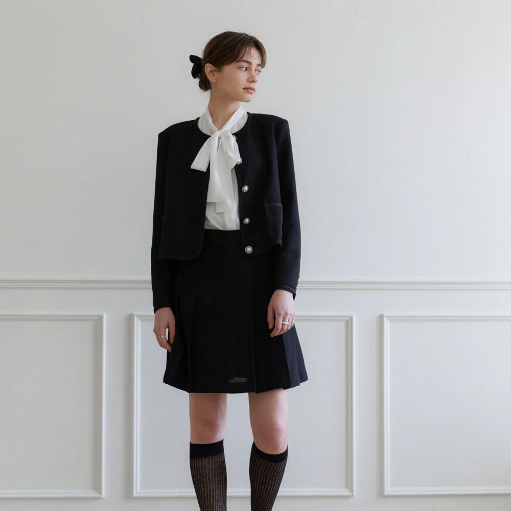 Black Tweed pleats mini skirts