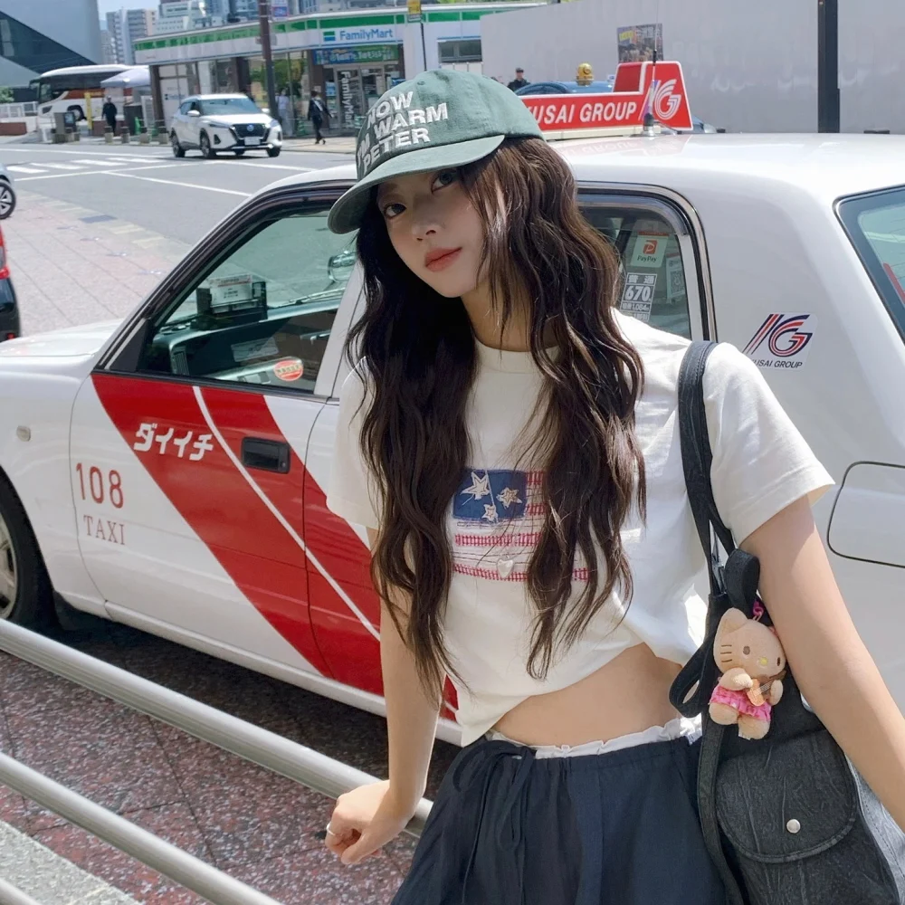 (W) USA FLAG APPLIQUE T-SHIRT - WHITE