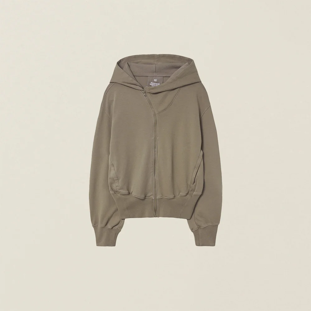GARMENT DYED CURVED HOODED ZIP JACKET BEIGE
