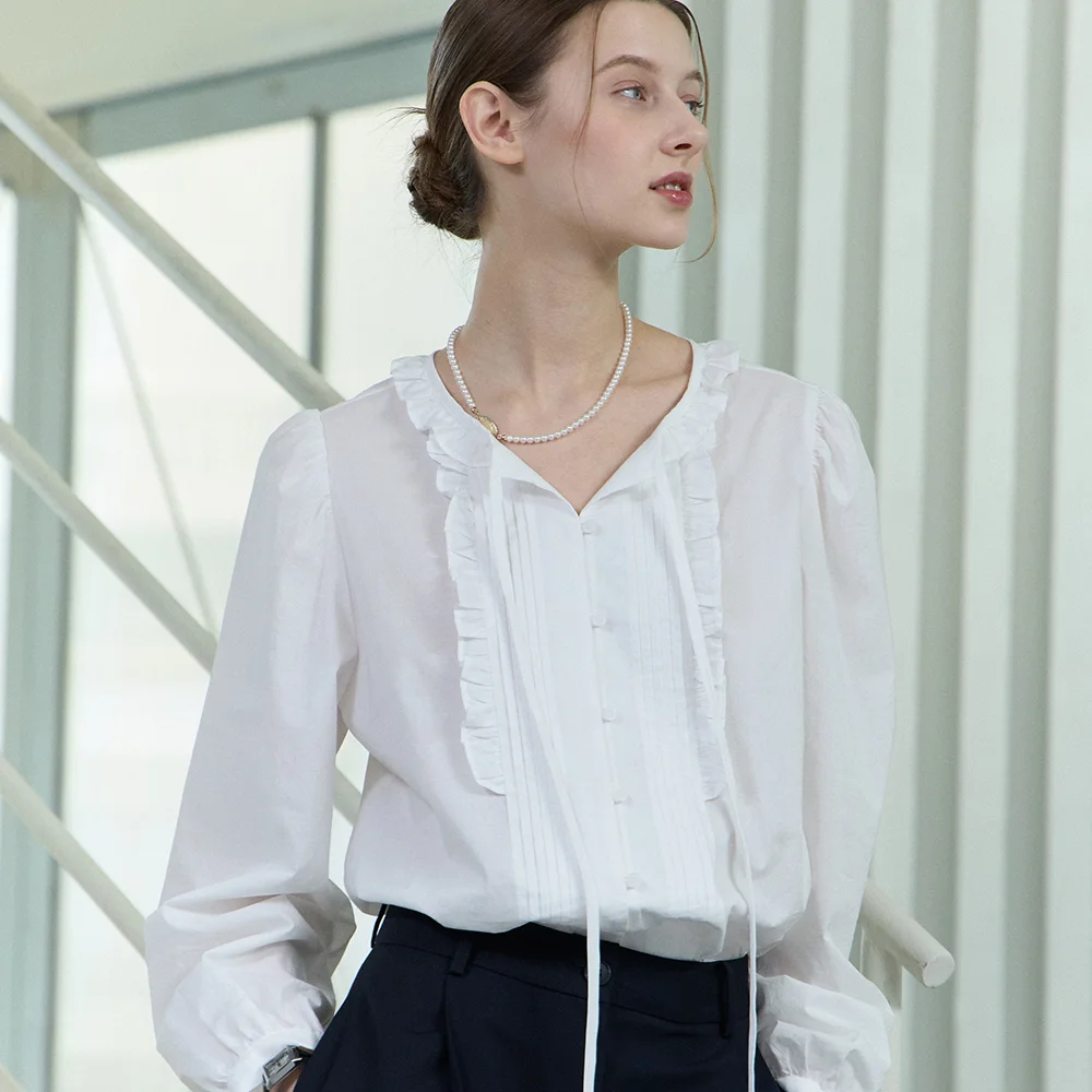 Ribbon Ruffle Pintuck Blouse - White
