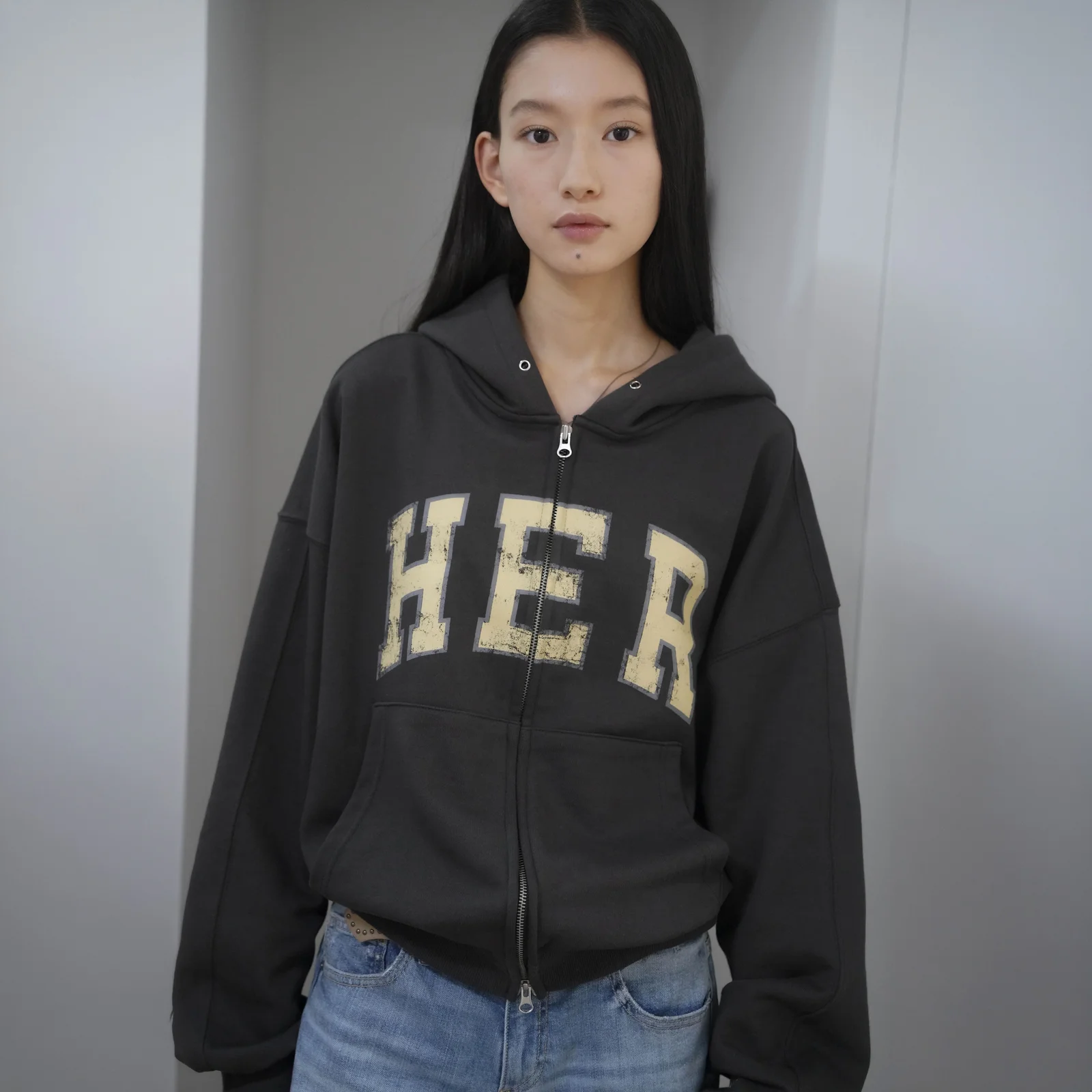 HER 超大版型 連帽拉鍊外套_炭灰色