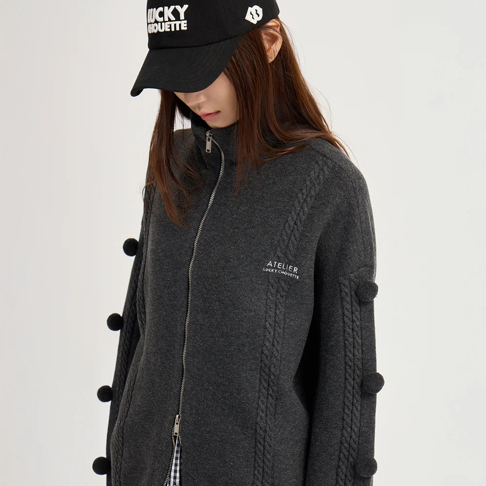 Pompom Zip-up Knit Cardigan (dark grey) LFWCM26820GYD