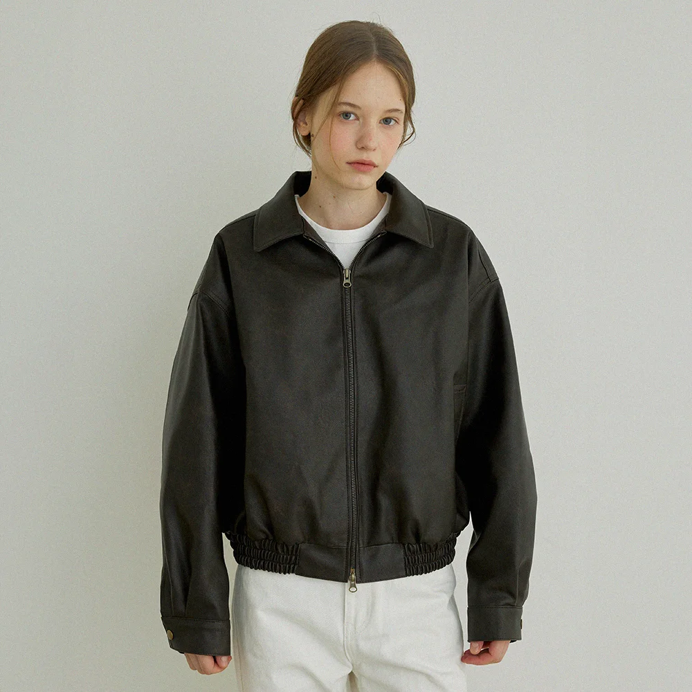 Solid leather blouson jacket (Brown)