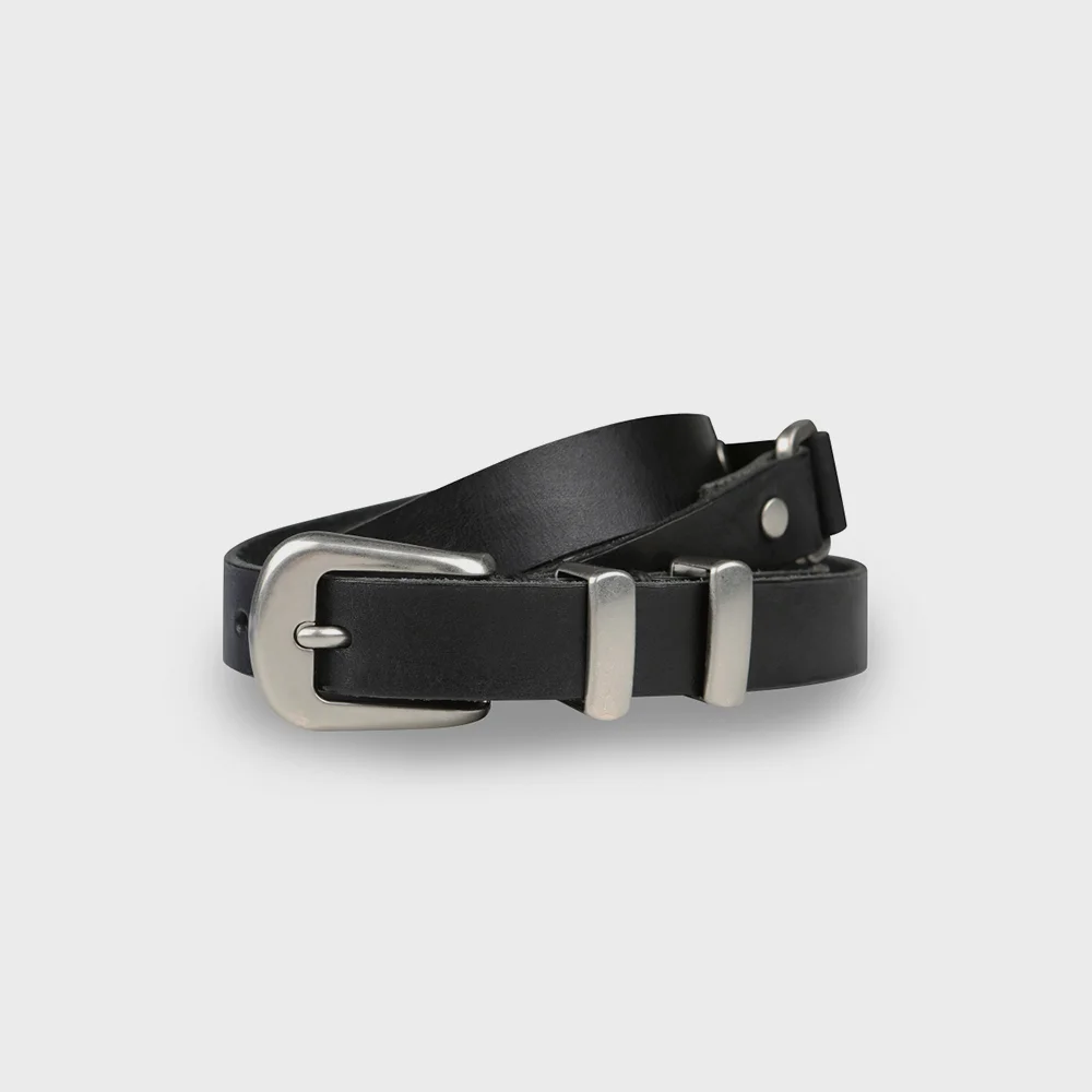 SQUARE RING SLIM LEATHER BELT BLACK