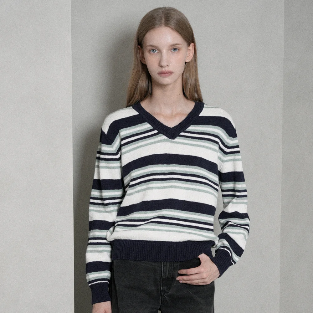 Cotton V-neck Striped Knit (navy)