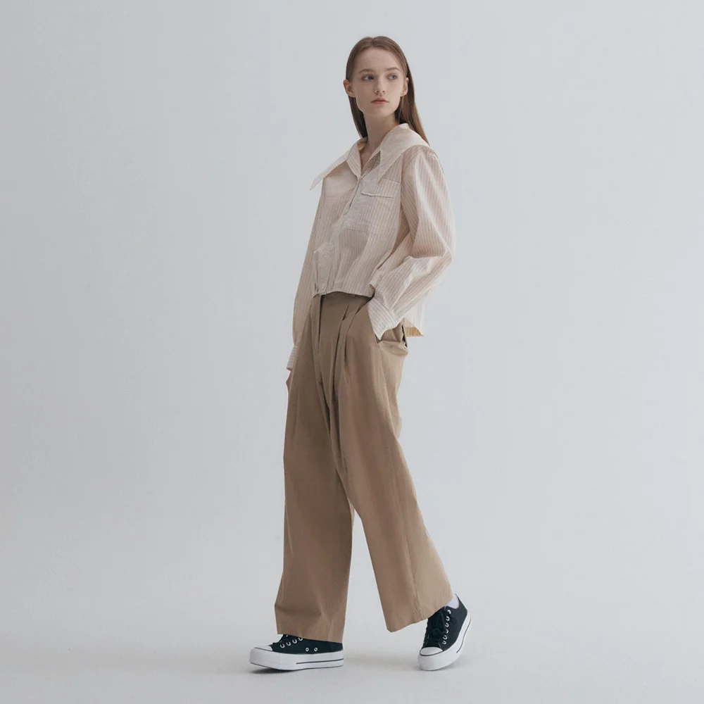純棉 雙褶 舒適 褲子 BEIGE