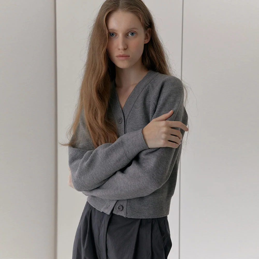 V-Neck Ribbed Cardigan (Melange Gray)