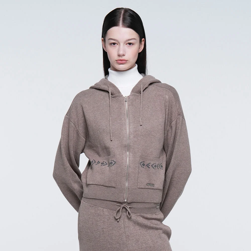 女裝 Navajo 針織衫 連帽拉鍊外套 (米色)
